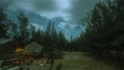Cloudy moon Night timelapse, Sky over Wooden Cabin in Forest of Sonadia Island . Stock Footage 326071204