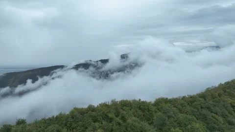 Cloudy Mountain Landscape Aerial View with Fog and Green Forest Stock Footage 341893485
