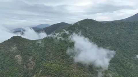 Cloudy Mountain Ridge with Lush Green Forest and Rolling Clouds Stock Footage 341893431