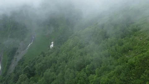 Cloudy mountain with waterfall. Epic nature of Caucasus Stock Footage 310230984