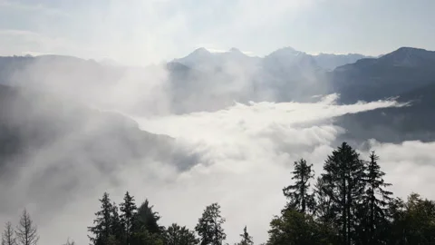 Cloudy mystical morning in Beatenberg, Eiger behind, Switzerland 스톡 동영상 149887137