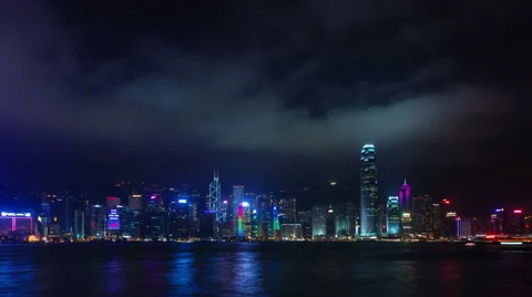 Cloudy night light panoramic 4k time lapse from beautiful hong kong city Stock Footage 46548967