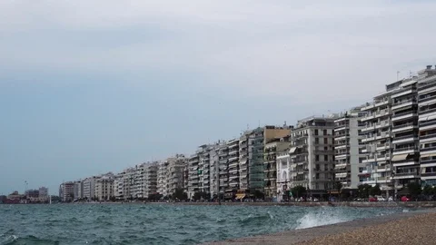 Cloudy panoramic seascape view on modern Greece city port harbor Thessaloniki Stock Footage 94952505