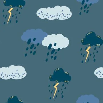 Cloudy rainy sky seamless pattern. Hand draw Blue clouds with thunderstorms,  Stock Illustration