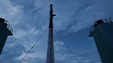 Cloudy ship view with chimneys Stock Footage 240313443