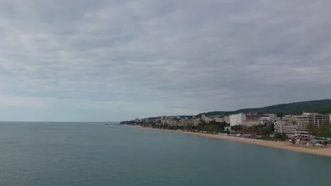 Cloudy Sky Above Rocky Seashore And Calm Ocean Aerial Perspective Stock Footage 334919232