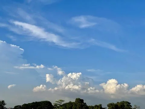 Cloudy sky and clouds. Vibrant blue sky and fluffy white clouds over lush green  Stock Photos