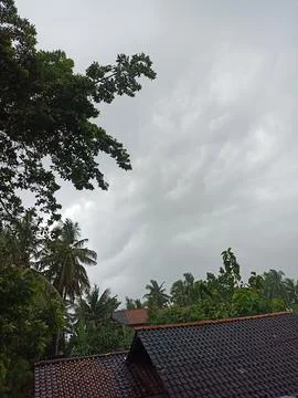 Cloudy sky and green trees on the roof of the house. As a background Foto stock