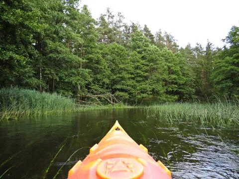 Cloudy Sky and Trees Forrest Reflection at Water Surface as Seen from Canoe Stock Photos