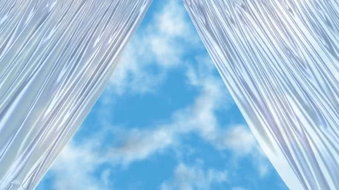 Cloudy sky behind the transparent white curtain Stock Footage 143549748