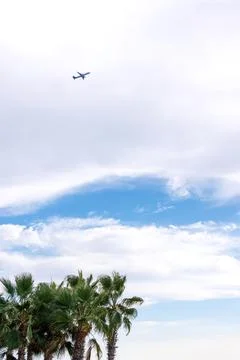 Cloudy sky with a blue opening above green palm trees, with a tiny airplane.. Stock Photos