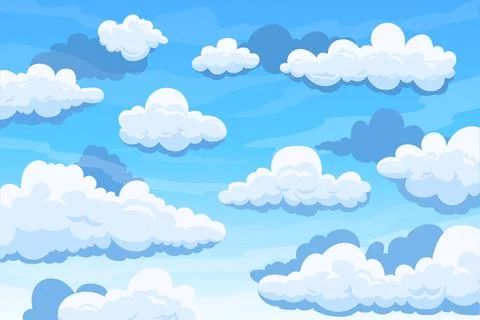 Cloudy sky. Cartoon background with blue summer sky and cumulus clouds. Vecto Stock Illustration