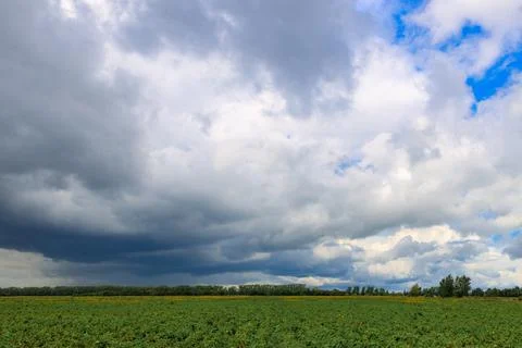 Cloudy sky with clouds over a farm field on a summer day Stock Photos