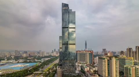 Cloudy sky day light shenzhen round roof top view 4k time lapse china Stock Footage 49197228