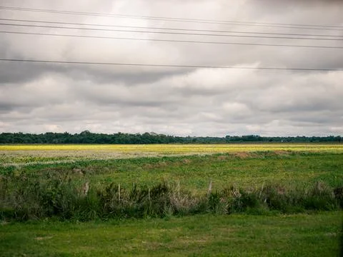 Cloudy sky hangs above expansive fields Foto stock