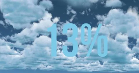Cloudy sky with large blue 13 percent text overlaying fluffy white clouds Illustrazione stock