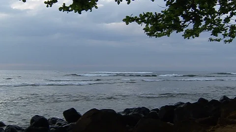 Cloudy sky. Ocean waves and rocky shore Video stock 102527693
