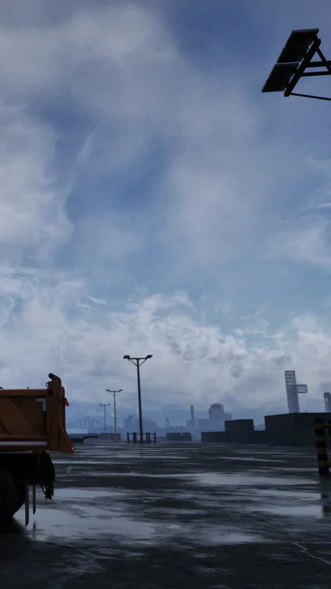 Cloudy sky over a dock with cargo containers and trucks in the distance Stock Footage 335099126