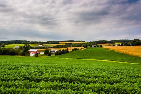 Cloudy sky over farm fields and rolling hills in rural york county, pennsylva Foto stock