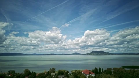 Cloudy sky over lake, drone time-lapse 4K Stock Footage 248321491