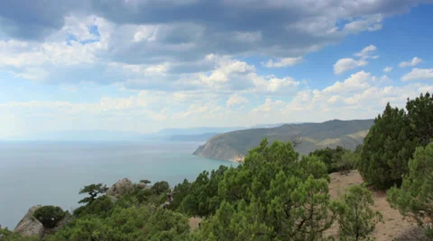 Cloudy sky over the mountains and the sea. Noviy Svet, Crimea, Ukraine Stock Footage 32812847