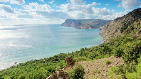 Cloudy sky over the mountains and the sea. Balaklava, Crimea, Russia. FULL HD Stock Footage 41831877