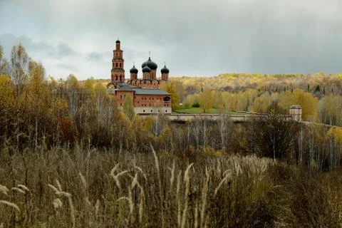 Cloudy sky over Orthodox monastery and the autumn forest Stock Photos