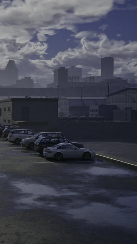 Cloudy sky over parking lot with cars and city in background during day Stock-Footage 331686252
