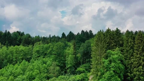 Cloudy sky over Styrian forest in Austria, aerial crane shot 4k. Stock Footage 140642832