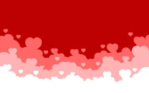 Cloudy sky with red hearts background. Valentines day holiday card. Cartoon f Stock Illustration