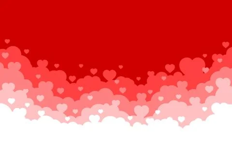 Cloudy sky with red hearts background. Valentines day holiday card. Cartoon f Stock Illustration