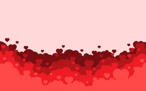 Cloudy sky with red hearts background. Valentines day holiday card. Cartoon f Stock Illustration