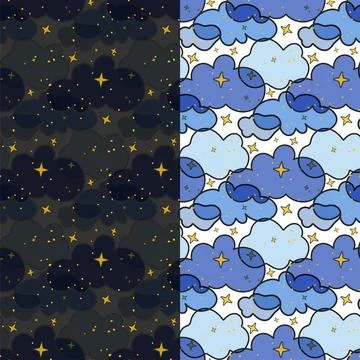 Cloudy sky seamless hand drawn pattern. Transparency effect for cloud shapes Illustrazione stock