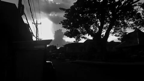 Cloudy Sky, Street, Tree Silhouettes, BW Stock Footage 307704229
