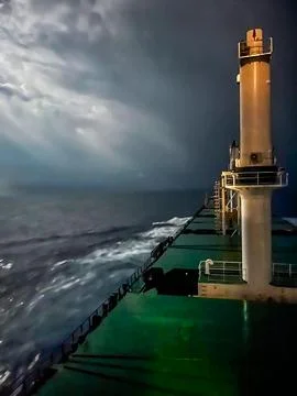Cloudy sky before a thunderstorm, view from a ship 스톡 사진