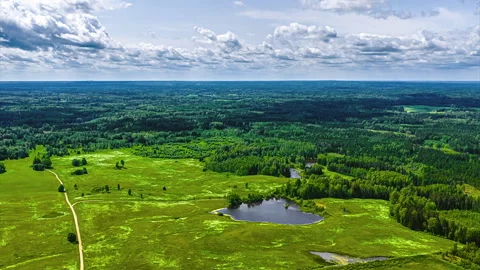 Cloudy sky timelapse shadow over water pond lake green forest nature country Stock Footage 313895924