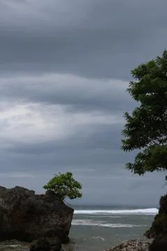 Cloudy sky, waves, rocks, beach and trees 스톡 사진