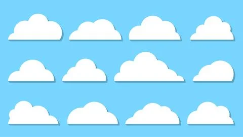 Cloudy sky weather white flat cloud shapes air set Stock Illustration