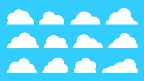 Cloudy sky weather white flat cloud shapes air set Stock Illustration