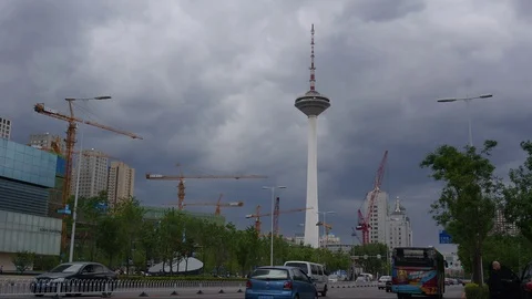 Cloudy Street TV Tower Stock Footage 125733268