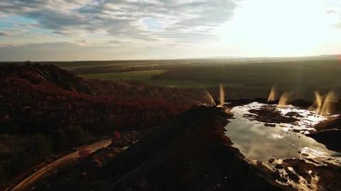 Cloudy Summer Day Mist Fly Near Springs on Clay Mining Hill to Reveal Forest Stock Footage 289580978