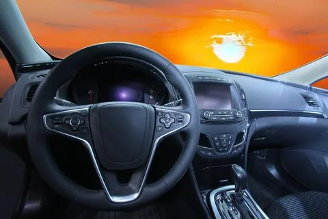 Cloudy sunny sky through the windshield Stock Photos