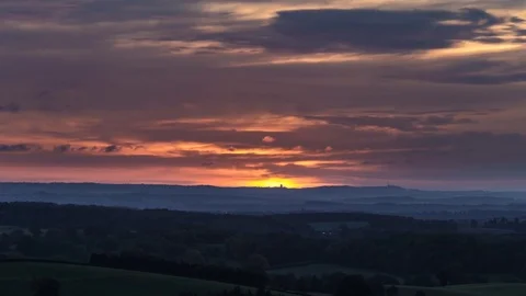 Cloudy Sunrise Over British Countryside Fields Stock Footage