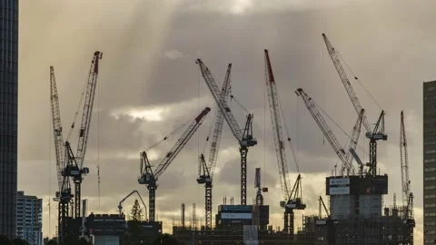 Cloudy Sunset Brisbane City Construction Cranes 4K Timelapse Stock Footage 158865428