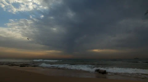 Cloudy Sunset on a chilly shoreline with seagulls Stock Footage 34369921