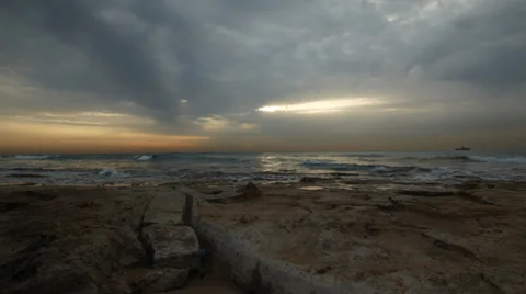 Cloudy Sunset on a chilly shorline Stock Footage 34369493