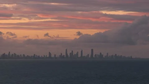 Cloudy Sunset Over Surfers Paradise Skyline On Gold Coast, Queensland. wide shot Stock-Footage 336249803