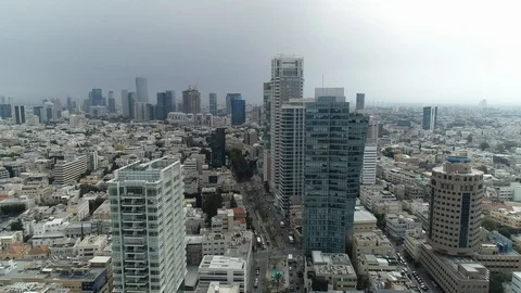 Cloudy Tel Aviv Rotshild Ave Crane Down Stock Footage 89828171