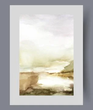 Cloudy weather over mountain river flowing in rocky area, on gloomy watercolor Stock Illustration