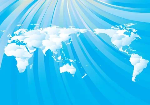 Cloudy world map on blue sky Stock Illustration